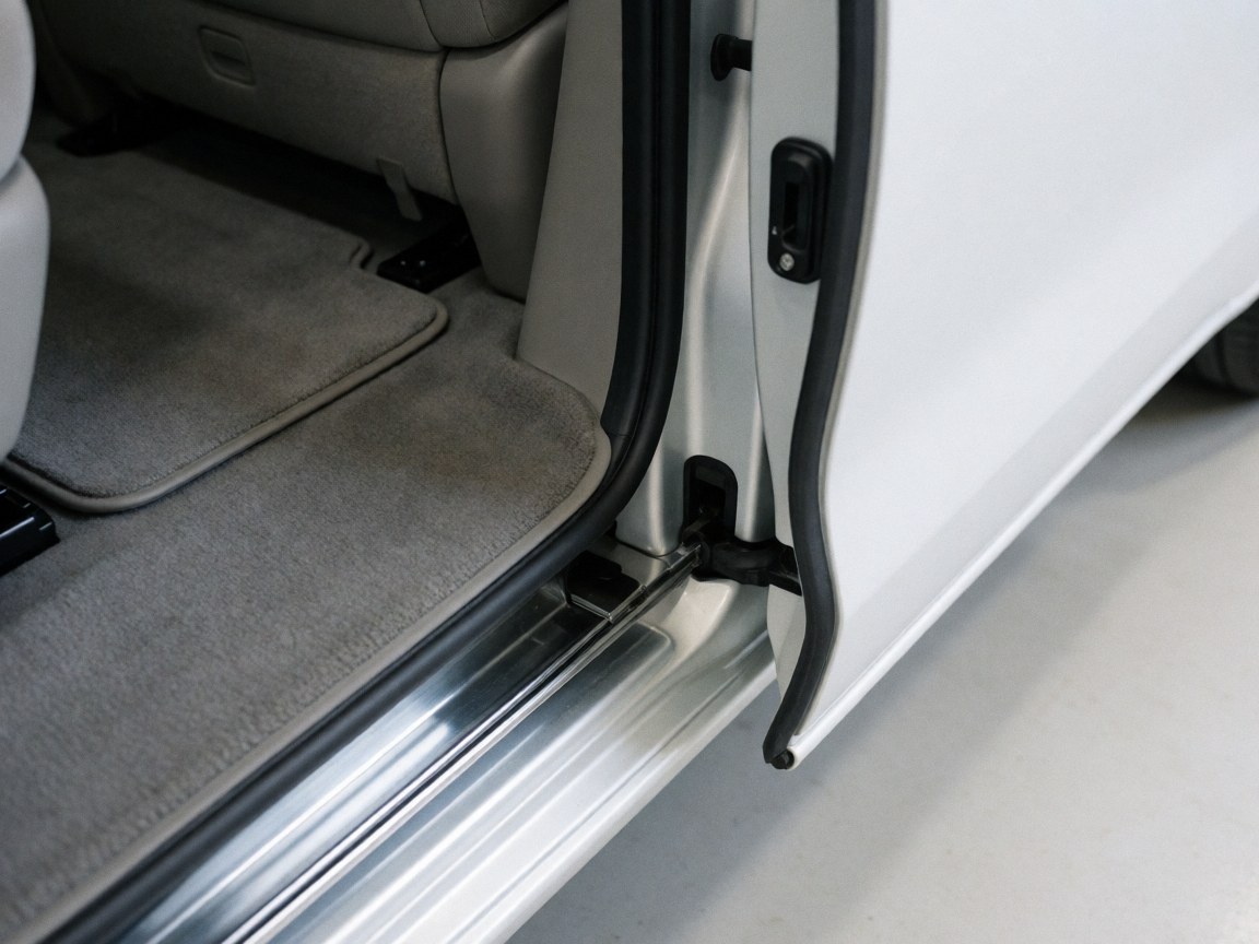 Close-up view of a minivan sliding door showing gray carpet flooring and shiny metal frame inside a workshop