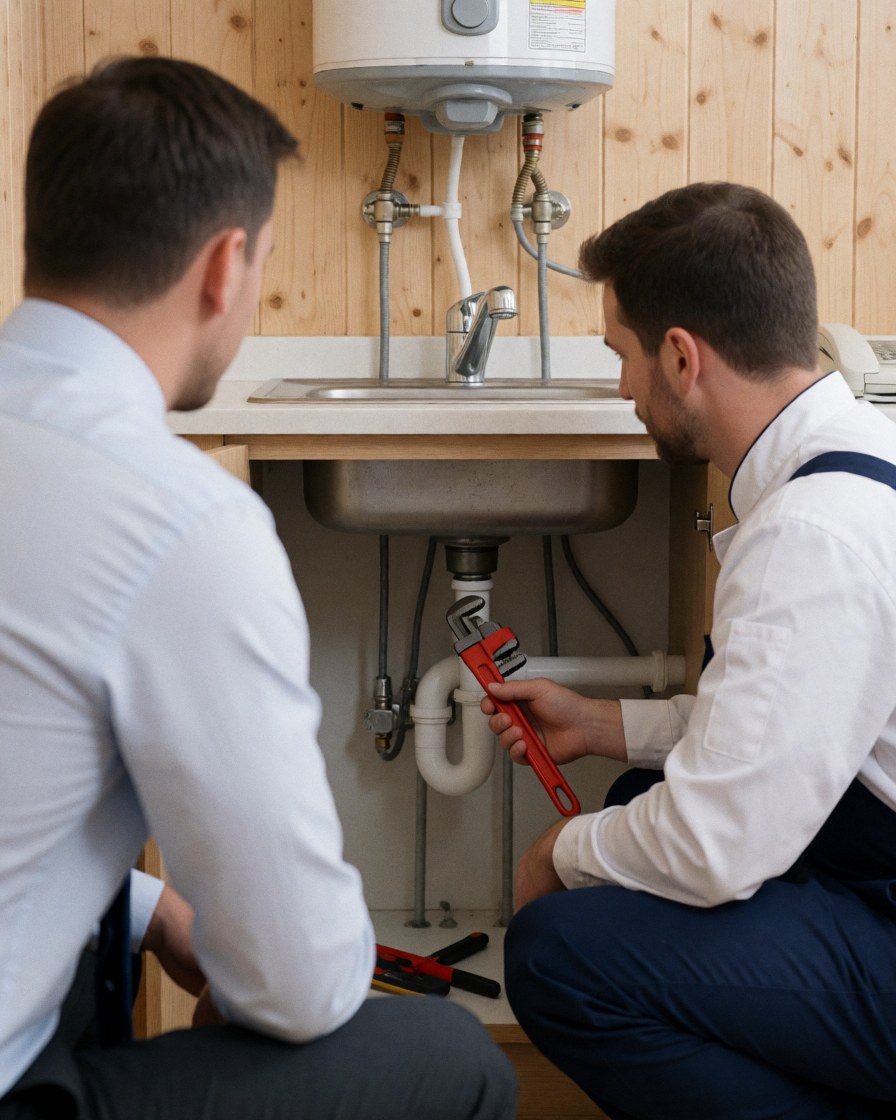 Plumber using wrench under sink repairing pipes while customer watches near wooden wall and water heater