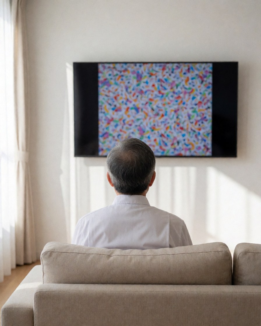 A customer looks at a large 65 inch TV in a bright living room with white walls, suitable for television repair services.