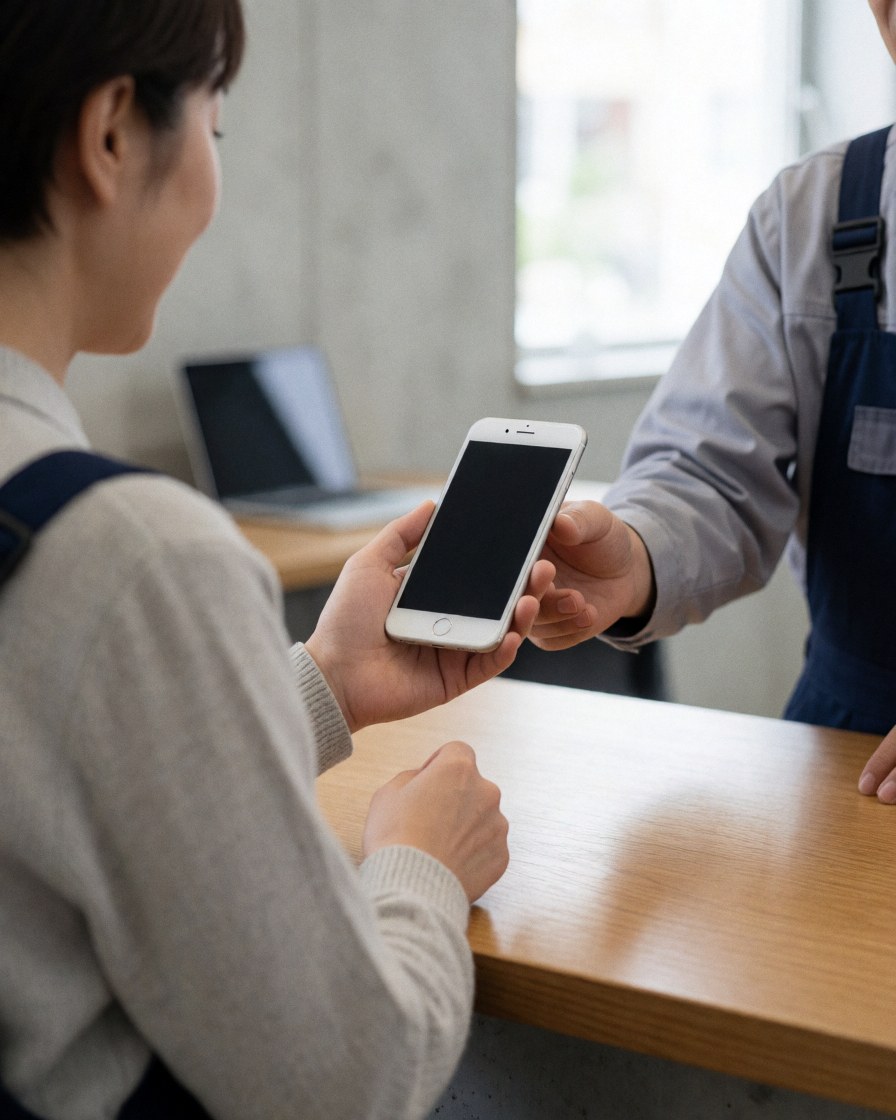 A technician hands a repaired mobile phone to a satisfied customer at a service counter under natural light.