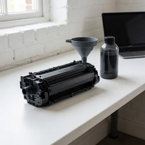 Black toner cartridge on a white table with a funnel and bottle, suitable for printer repair business.