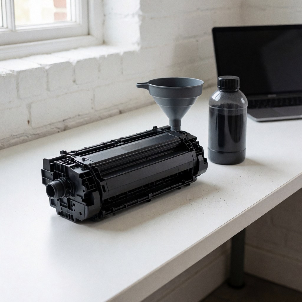 Black toner cartridge on a white table with a funnel and bottle, suitable for printer repair business.