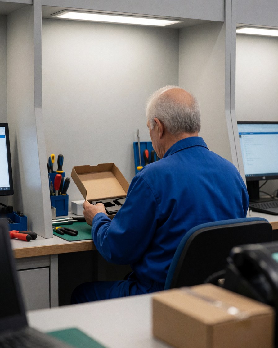 Worker reviewing a product box with tools and computer nearby
