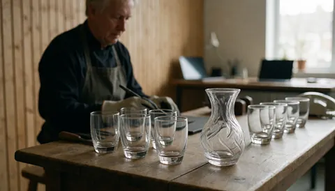 Glass tumblers and a decorative vase resting on a rustic wooden table in a glassblowing workshop with wooden plank walls and natural light.