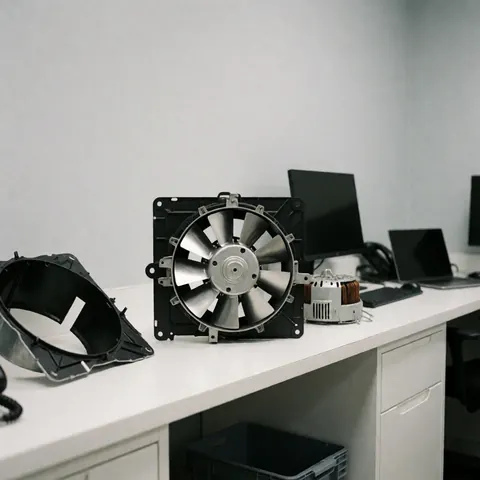 Disassembled fan motor on a white table with visible copper coil and casing components against a light gray background