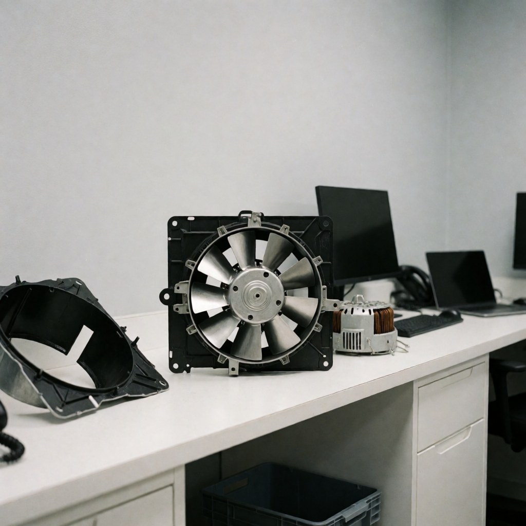 Disassembled fan motor on a white table with visible copper coil and casing components against a light gray background