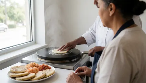 A cooking instructor places a pupusa onto a hot comal while a student receives the finished dish with curtido and tomato sauce on a plate.