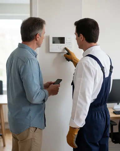 Technician wearing gloves adjusts a white security alarm panel mounted on a clean wall while a client observes holding a phone.