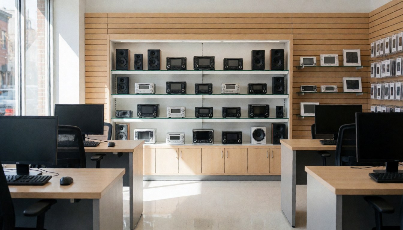 Shelves displaying car head units and speakers in a clean, professional auto accessory shop with wooden walls and natural light.