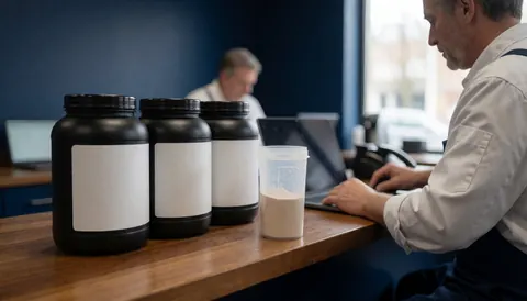 Three black protein containers with white labels and a shaker with powder on a polished wooden counter in a gym with blue walls.