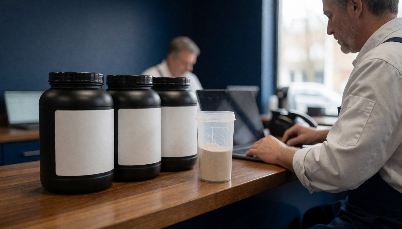 Three black protein containers with white labels and a shaker with powder on a polished wooden counter in a gym with blue walls.
