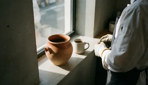 A ceramic pot of traditional coffee sits on a windowsill illuminated by warm morning light, creating a cozy atmosphere for a bed and breakfast.