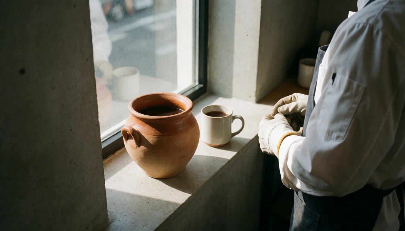 A ceramic pot of traditional coffee sits on a windowsill illuminated by warm morning light, creating a cozy atmosphere for a bed and breakfast.