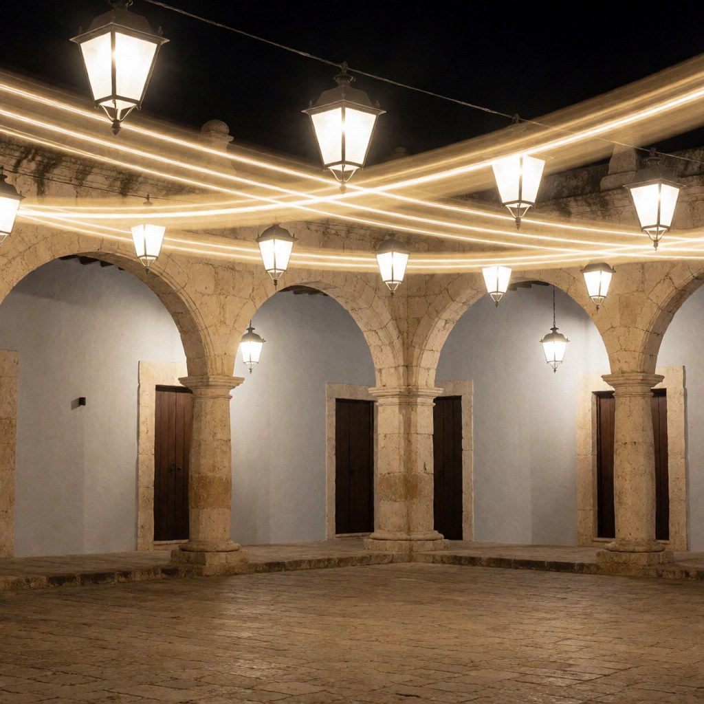 Stone arches and illuminated lanterns in a colonial plaza at night, ideal for business backgrounds