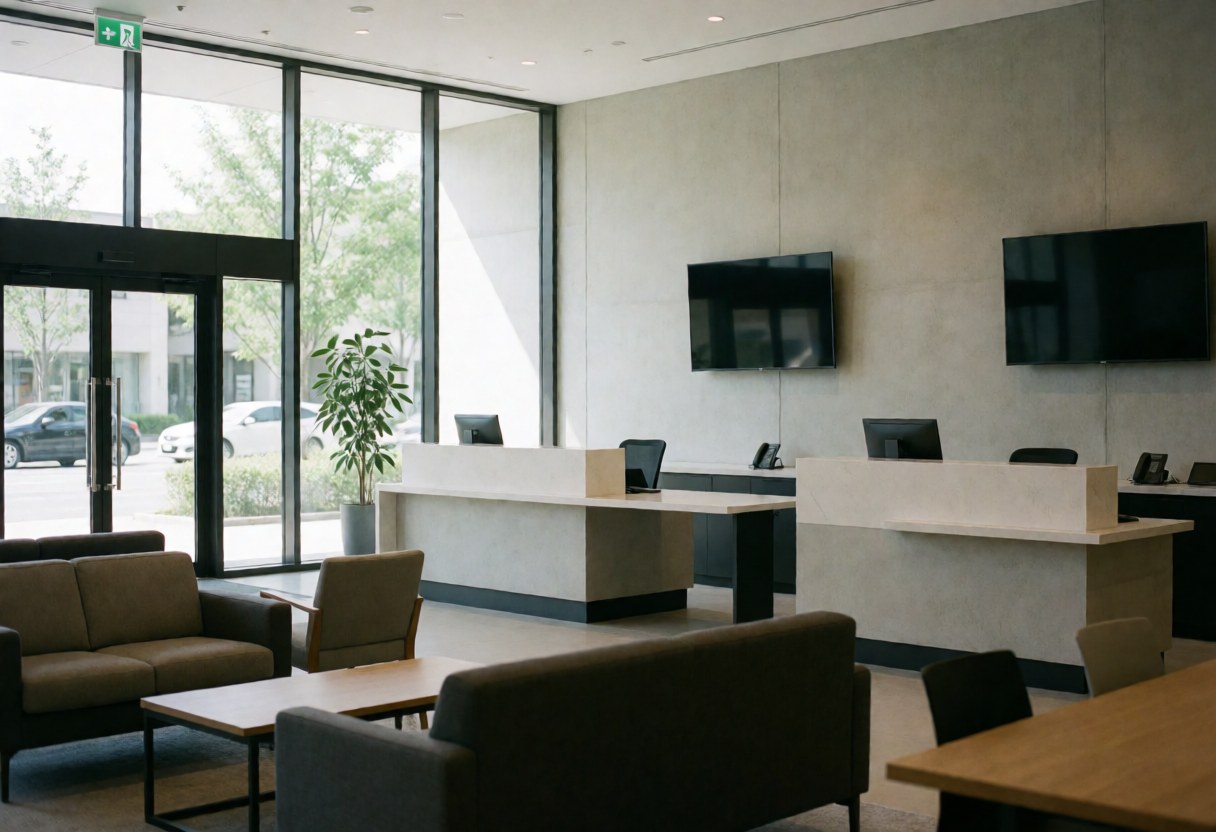 Modern reception space featuring tables, client seating, and large windows that let in natural light, suitable for a motorsport circuit facility.
