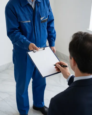 Technician in blue uniform hands a document to a client in a marble lobby while the client signs with a pen.