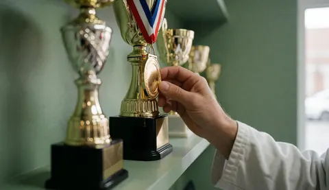 Close-up of an adult hand touching a gold medal on a karate trophy with a white gi and green wall in the background