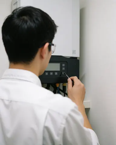 Technician adjusting a solar inverter on a white wall, demonstrating solar system repair service.