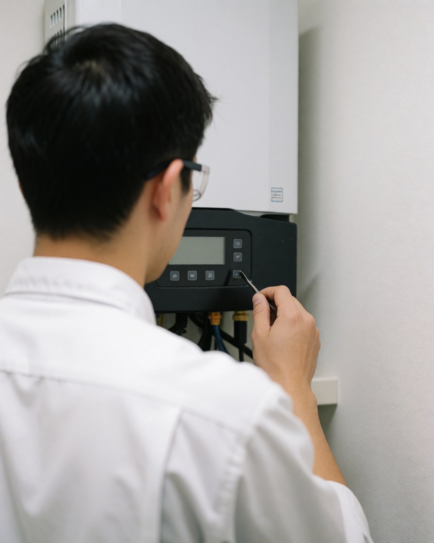 Technician adjusting a solar inverter on a white wall, demonstrating solar system repair service.