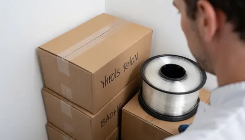 An event decorator prepares cardboard boxes and a spool of clear fishing line in a white room for an upcoming event.