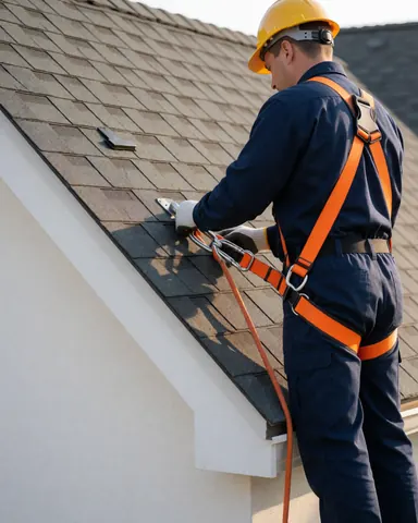 Roof repairer wearing orange safety belt, yellow helmet, and white gloves working on a tiled roof under sunlight
