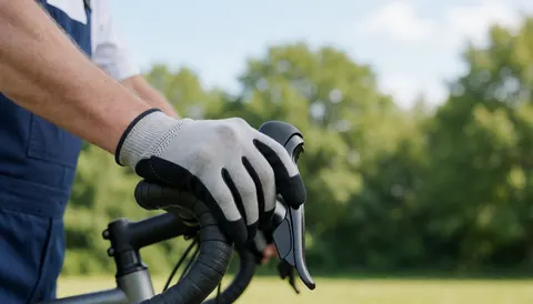 Close-up of a hand wearing a cycling glove gripping a textured bicycle handlebar with green trees in the background