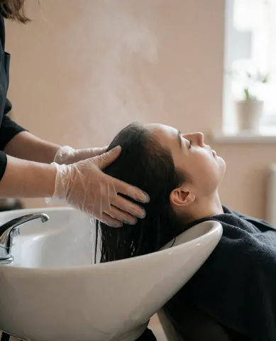 A stylist wearing gloves massages a client's wet hair while water flows in a white sink at a professional salon.