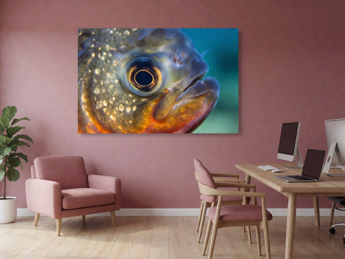 Macro image of a piranha fish displayed on a pink wall in a modern office with chairs and computers