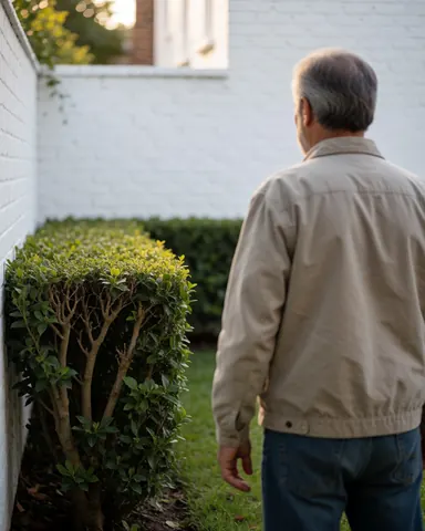 A man looks at a neatly trimmed hedge in a residential garden with a white brick wall and soft sunset light