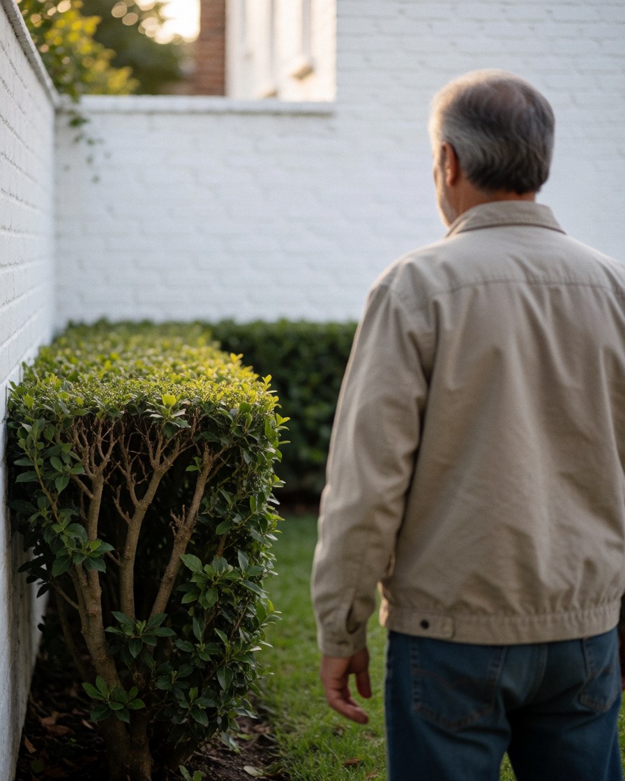 A man looks at a neatly trimmed hedge in a residential garden with a white brick wall and soft sunset light