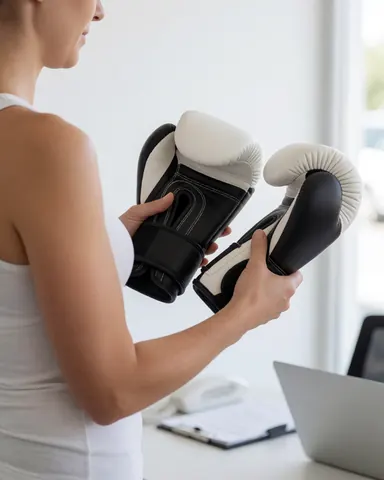 A woman customer compares white and black boxing gloves in a studio with natural light, suitable for a boxing instructor business.