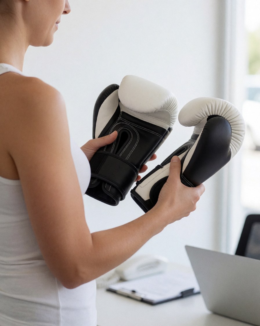 A woman customer compares white and black boxing gloves in a studio with natural light, suitable for a boxing instructor business.