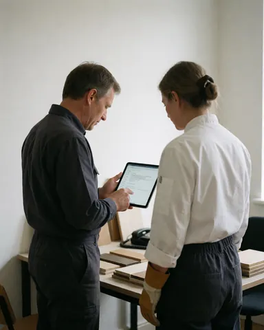 A carpenter and client review wood samples on a tablet in a bright workshop with white walls.