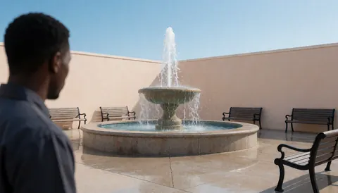 A man stands with his back to the camera, looking at a central fountain in a plaza with empty benches and beige walls under a clear blue sky.
