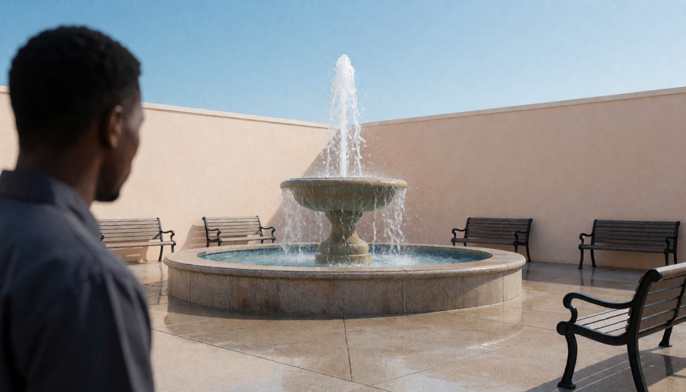 A man stands with his back to the camera, looking at a central fountain in a plaza with empty benches and beige walls under a clear blue sky.