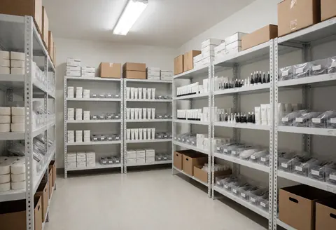 Metal shelves stocked with sterile eyebrow lamination packages and beauty supplies in a salon storage area with vinyl flooring and fluorescent lighting.