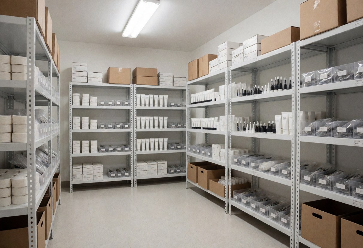 Metal shelves stocked with sterile eyebrow lamination packages and beauty supplies in a salon storage area with vinyl flooring and fluorescent lighting.