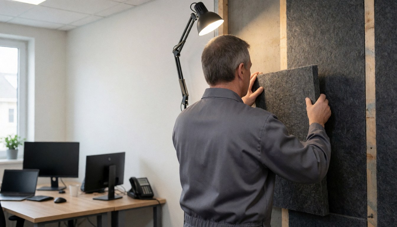 Technician installing mineral rock thermal insulation on a wall with wooden slats, illuminated by a work light in a modern office setting.