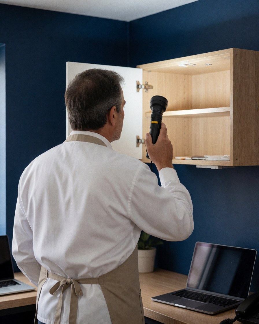 A professional wearing an apron inspects the interior of a cabinet using a flashlight against a dark blue wall in a clean and orderly setting.