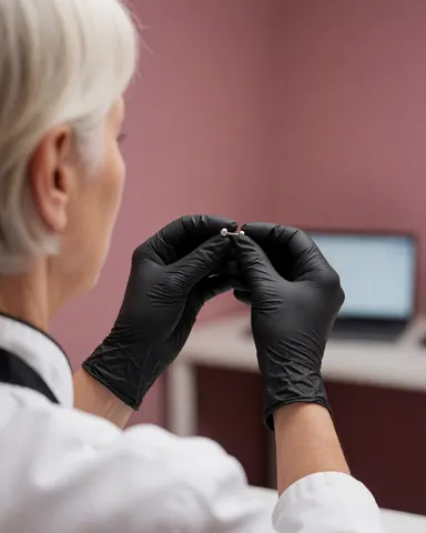 A piercer wearing black gloves inspects a piercing barbell against a pink wall while wearing white clothing.