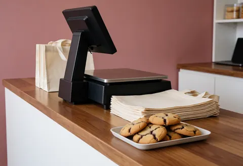Fresh cookies displayed on a polished wooden bakery counter with a digital scanner and reusable bags against a pink wall