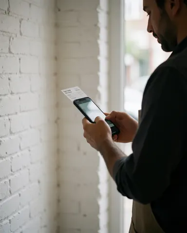 Profile view of a man holding a ticket and a mobile phone near a white brick wall entrance with natural light