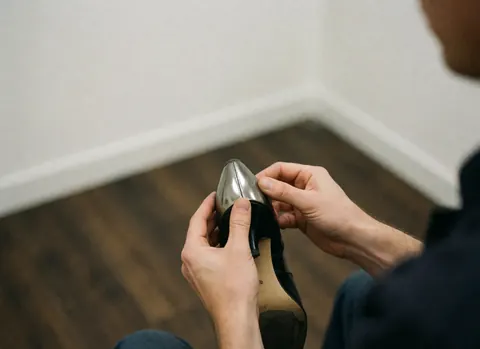 Hand holding a tango shoe heel with a metal cap on a dark wooden floor against white walls