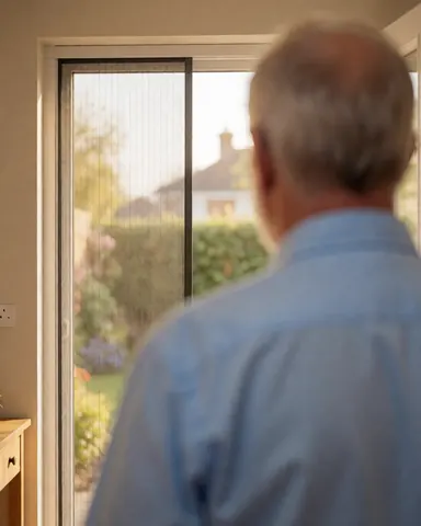A satisfied homeowner looks at a newly installed retractable insect screen on a window, with a garden visible in the background and warm interior lighting.