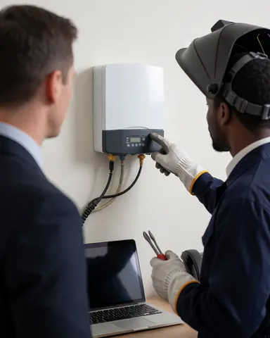 Technician in hard hat checks wall-mounted power unit while client watches during electrical service