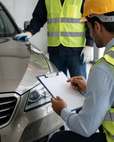 Worker in safety gear inspects a sedan with a clipboard while a customer watches.