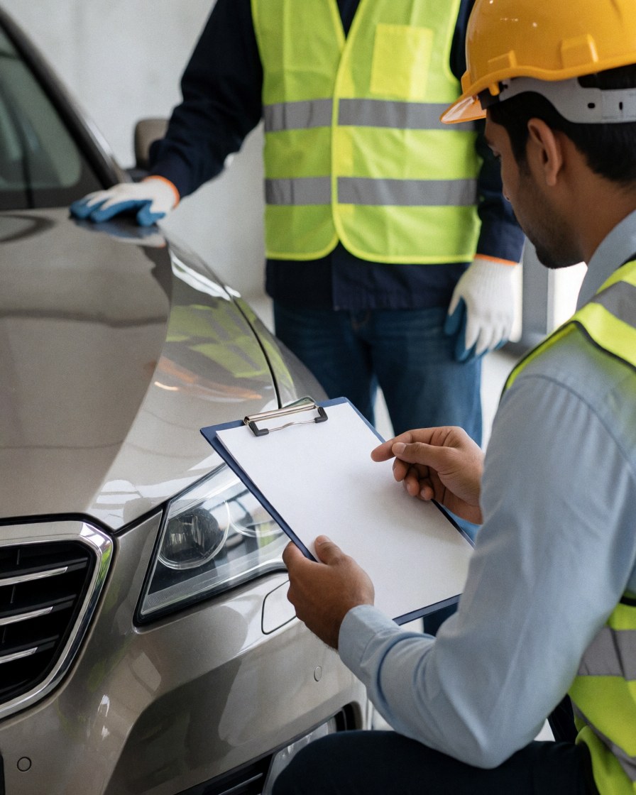 Worker in safety gear inspects a sedan with a clipboard while a customer watches.