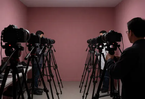 Professional photographer adjusting a camera mounted on a tripod in a studio with pink walls and multiple tripods ready for motion photography.