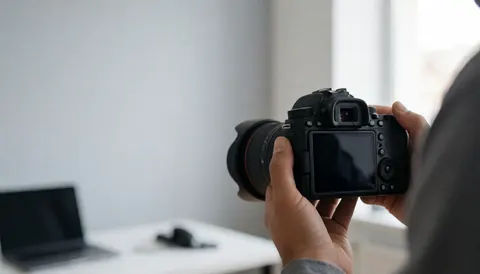 Professional photographer checking dslr camera settings in a studio with gray wall and natural light for photography workshop cover