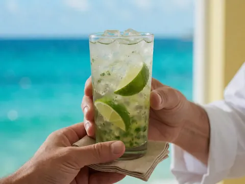 Close-up of a caipirinha glass garnished with lime slices, set against a vibrant turquoise ocean background, perfect for beach club branding.